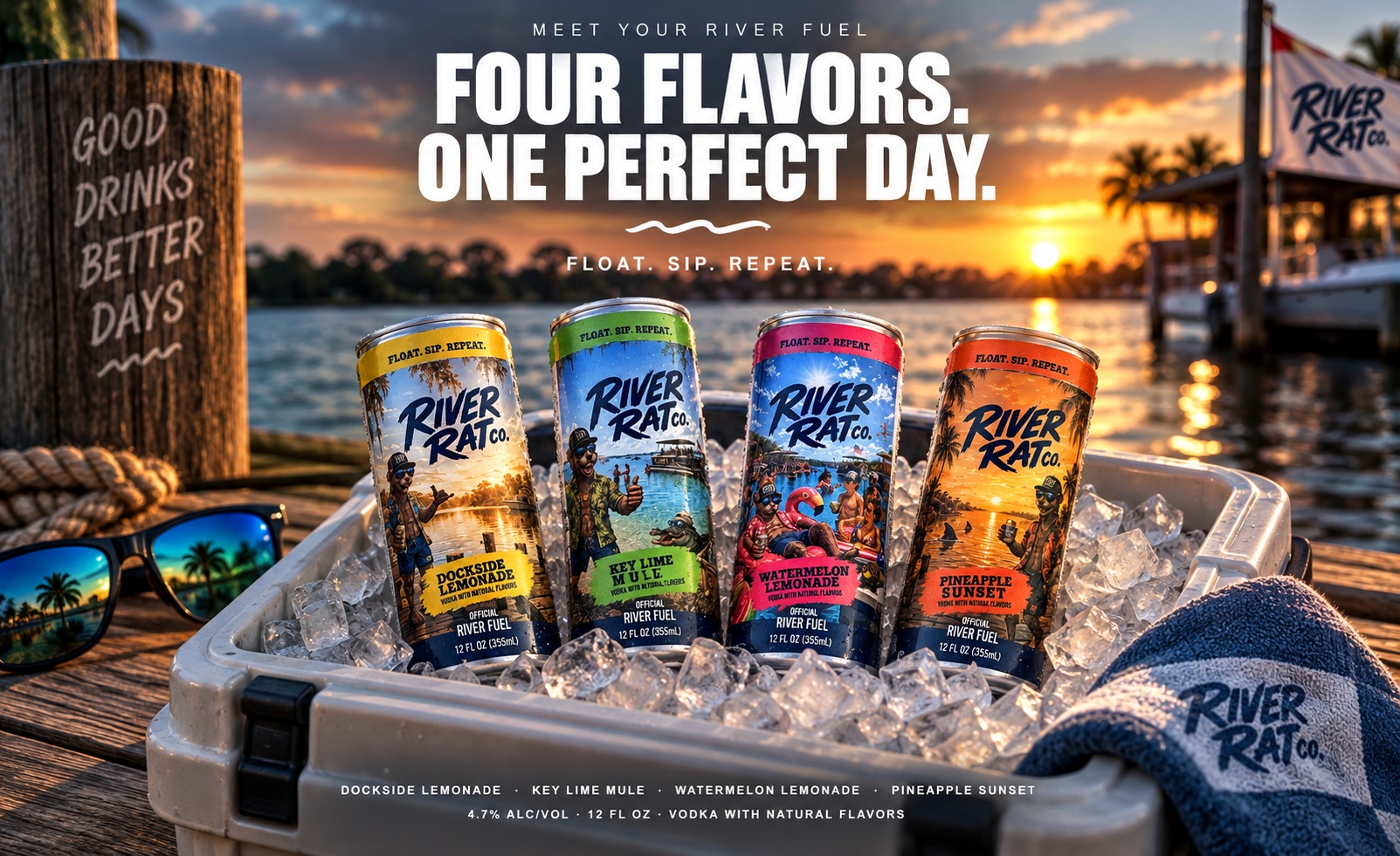 The River Rat Co. spirits-based ready-to-drink cocktails: Dockside Lemonade, Key Lime Mule, Watermelon Lemonade and Pineapple Sunset, 4.7% ABV, 12 fl oz