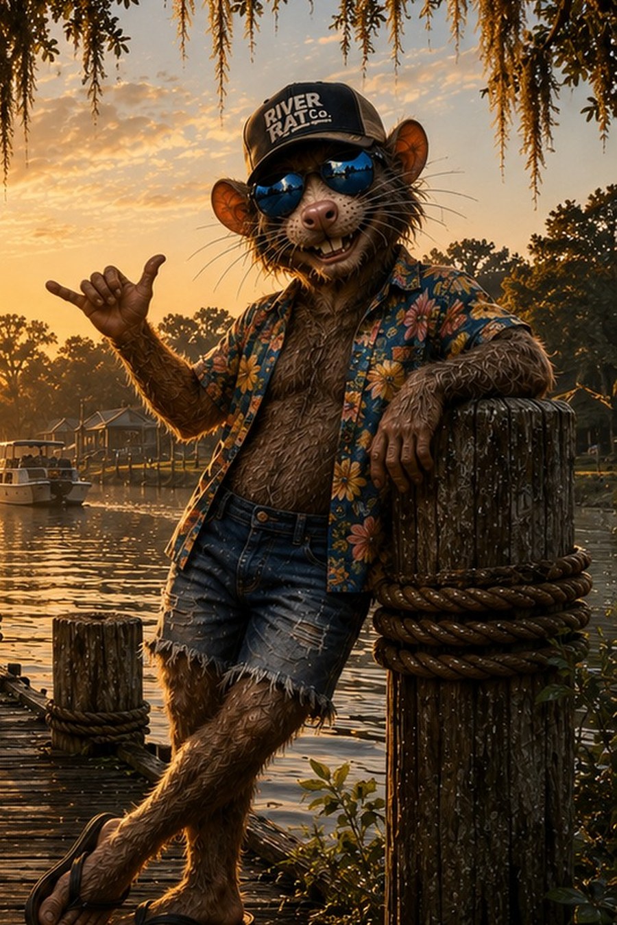 Randy, The River Rat Co. mascot, leaning on a dock post